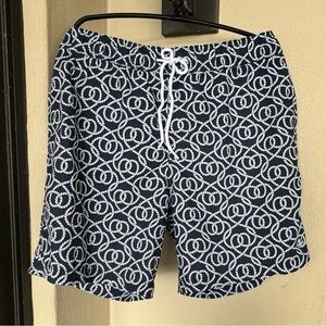 Sperry Men Blue/White Nautical Pattern Swim Trunk Lined Pockets Elastic Waist XL
